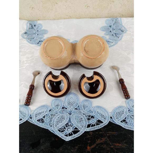 Vintage Brown & Tan Glazed Ceramic Double Condiment Dish w/ Lids & Spoons Taiwan - Picture 4 of 8
